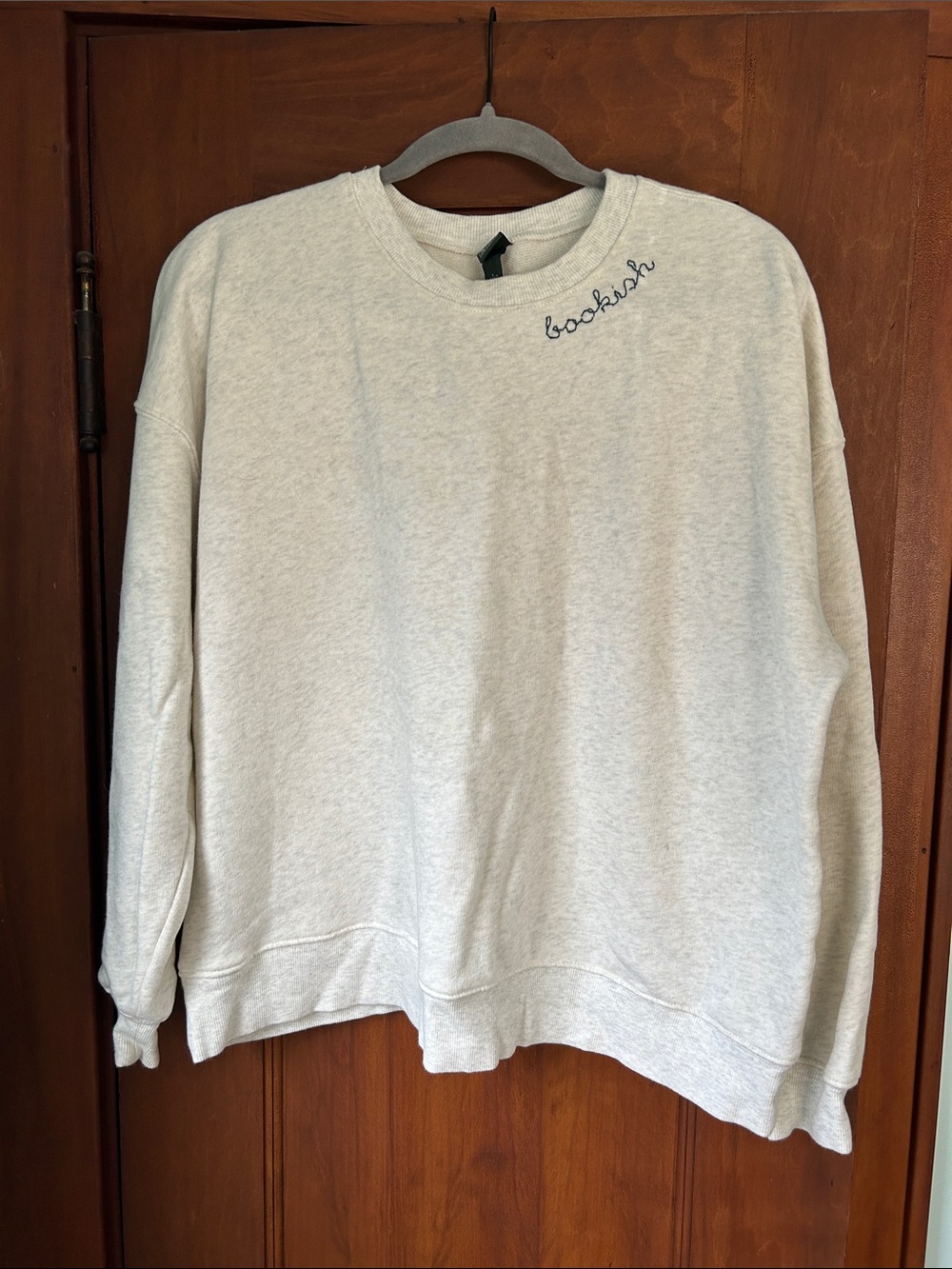 Wild Fable Women’s Light Cream Crewneck Sweatshirt with 'bookish' Embroidery